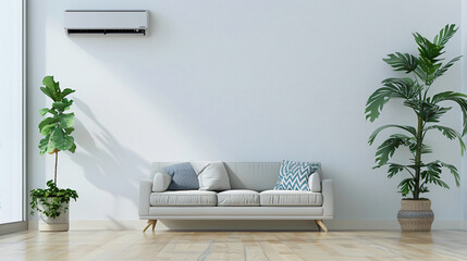 Modern living room interior with an air conditioner and sofa against a white wall, with plant pots, conveying a concept of summer home comfort. 3D rendered illustration of a modern air conditioning  - Powered by Adobe