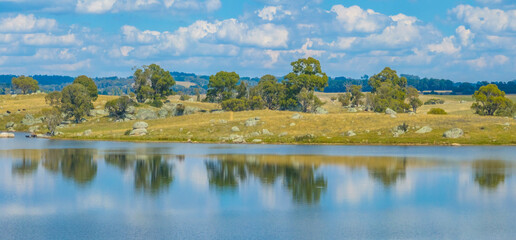 Lake Oberon on a beautiful Autumn Day with blue sky and white clouds. The lake is classified as...