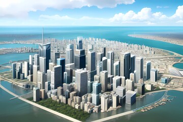 地球温暖化で水の都になる摩天楼都市島
