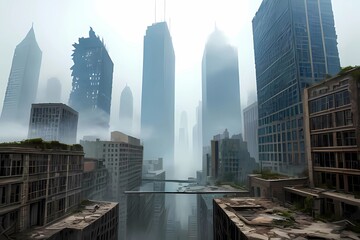 ホラーゲーム背景風惨劇の予感をさせる霧に覆われた異世界都市を二階から見る