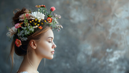 Woman with flowers growing out of her head, depicting the concept of mental health and inner growth.