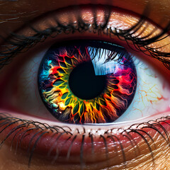 Macro shot of an eye with vibrant colors. 