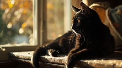 Domestic Black Cat Relishing Warm Sunlight by Home Window
