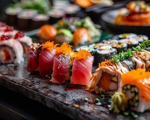 Artisanal sushi dining featuring a cozy selection of sashimi and maki
