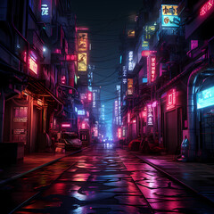 Neon-lit alley in a cyberpunk metropolis. 