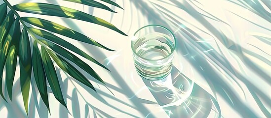 A glass of liquid water is placed on a table alongside a palm leaf. The vibrant electric blue pattern of the leaf contrasts beautifully with the clear liquid in the glass