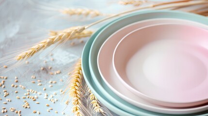 non shiny plastic dull pastel plates on spring table with wheat plants. generative AI - obrazy, fototapety, plakaty