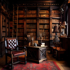 Old-fashioned library with leather-bound books. 
