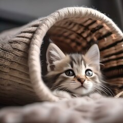 A sleepy kitten nestled in a cozy bed, with a paw tucked under its chin1