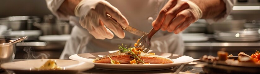 Chefs table elegance an artist preparing a sea bass dish with sophisticated flair