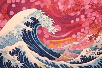 Wave Ukiyo-e painting, whimsical abstract landscapes romantic, dreamy, elegant	
