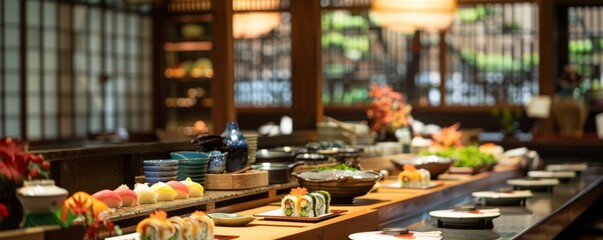 Cozy traditional sushi setting featuring handcrafted delicacies like temaki and maki