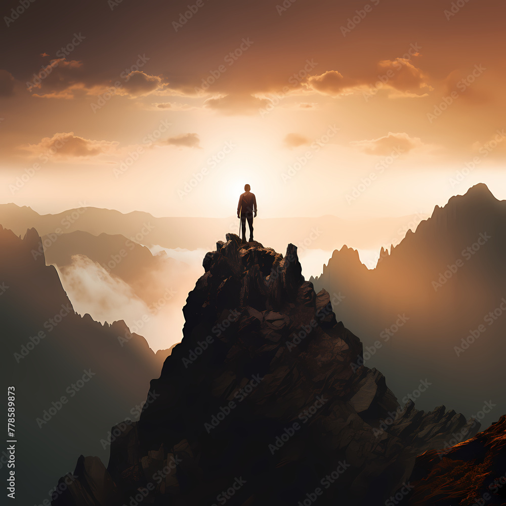 Poster Silhouette of a person standing on a mountain peak