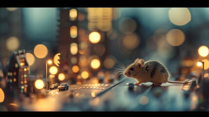 Mouse Observing Miniature Cityscape Under a Radiant Sunset - obrazy, fototapety, plakaty