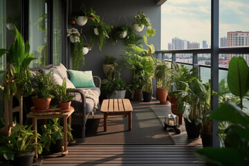 Fototapeta na wymiar Balcony with Lush Greenery and Automated Garden, Urban Apartment Landscaping Concept