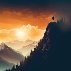 Silhouette of a person standing on a mountain peak