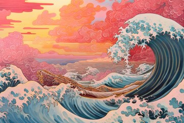 Wave Ukiyo-e painting, whimsical abstract landscapes romantic, dreamy, elegant	
