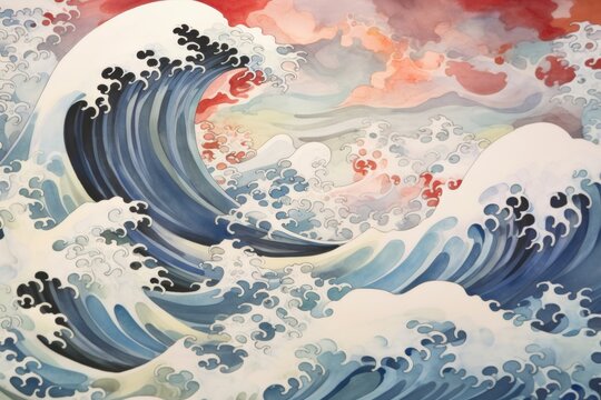 Wave Ukiyo-e painting, whimsical abstract landscapes romantic, dreamy, elegant	
