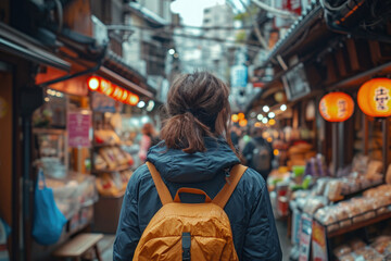 Naklejka premium Female Digital Nomad with Backpack Explores Local Market, Digital Nomad Cultural Immersion Concept