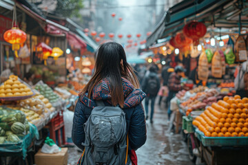 Obraz premium Female Digital Nomad with Backpack Explores Local Market, Digital Nomad Cultural Immersion Concept