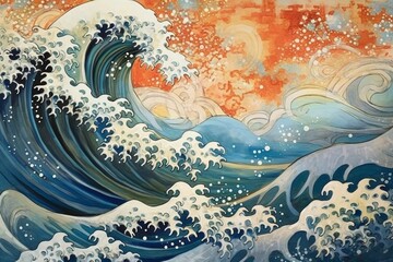 Fototapeta na wymiar Wave Ukiyo-e painting, whimsical abstract landscapes romantic, dreamy, elegant 