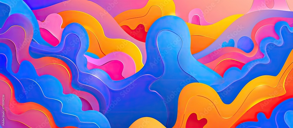 Poster an electrifying painting featuring a pattern of waves and hearts in electric blue and magenta hues, 