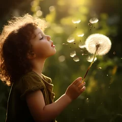  A close-up of a child blowing dandelion seeds. © Cao