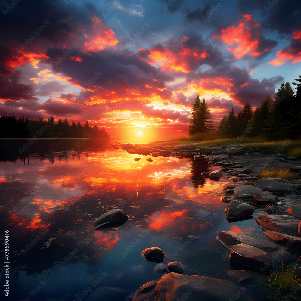 Wall mural A dramatic sunset over a calm lake.