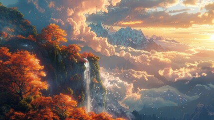 Fantasy landscape with elements of both happiness and sadness, offering a unique visual experience. - obrazy, fototapety, plakaty