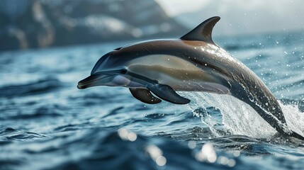 Dolphin in Mid-Leap Amidst Sparkling Sea with Majestic Mountain Backdrop