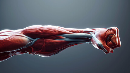 Hand Muscle system on a grey background. Conceptual anatomy healthy skinless human body and Human anatomy