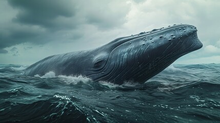 Majestic Humpback Whale Emerging from Ocean Depths Amidst Turbulent Waves Under Stormy Sky - obrazy, fototapety, plakaty