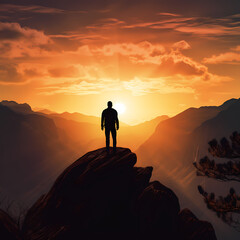 A silhouetted figure watching the sunset on a mountaintop