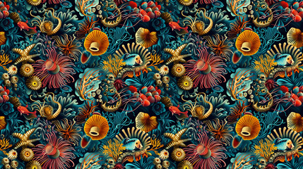 Fictional sea creatures wallpaper, seamless pattern, sea creatures background, weird sea lifeforms, deep-sea aliens, fantasy sea creatures, marine life - obrazy, fototapety, plakaty