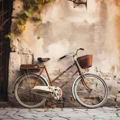 A vintage bicycle leaning against a wall.