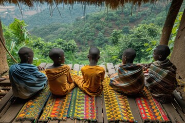 african boys sitting and surrounding a table on an outdoor porch in africa weaving colorful mats of...