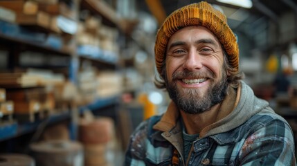 Fototapeta premium Photo portrait of young happy carpenter while working in his workshop.