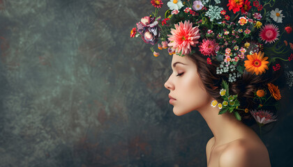 Woman with flowers growing out of her head, symbolizing mental health concept and growth.