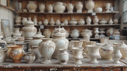 Fototapeta na wymiar A table full of white ceramic vases and bowls