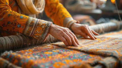 Close-up of a woman's hands weaving on a traditional Turkish carpet loom. Emphasis on the weaving process, brightly colored threads - obrazy, fototapety, plakaty