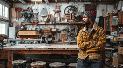 A furniture maker in woodworking room.