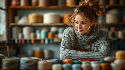 A woman embroidering exquisite embroidery designs Cozy home studio with colorful yarn shelves.
