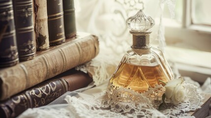 A vintage perfume bottle, nestled among old books and lace in an attic, tells a story of forgotten beauty and timeless elegance, inviting the viewer to imagine its past lives low noise