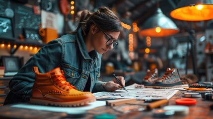 A woman is drawing a shoe on a piece of paper. She is wearing glasses and has a pencil in her hand. The shoe is brown and has a lace on it - obrazy, fototapety, plakaty