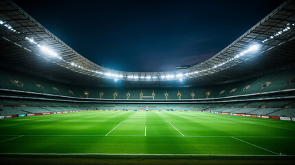 Fototapeta na wymiar Illuminated Empty Football Stadium at Night with Green Turf