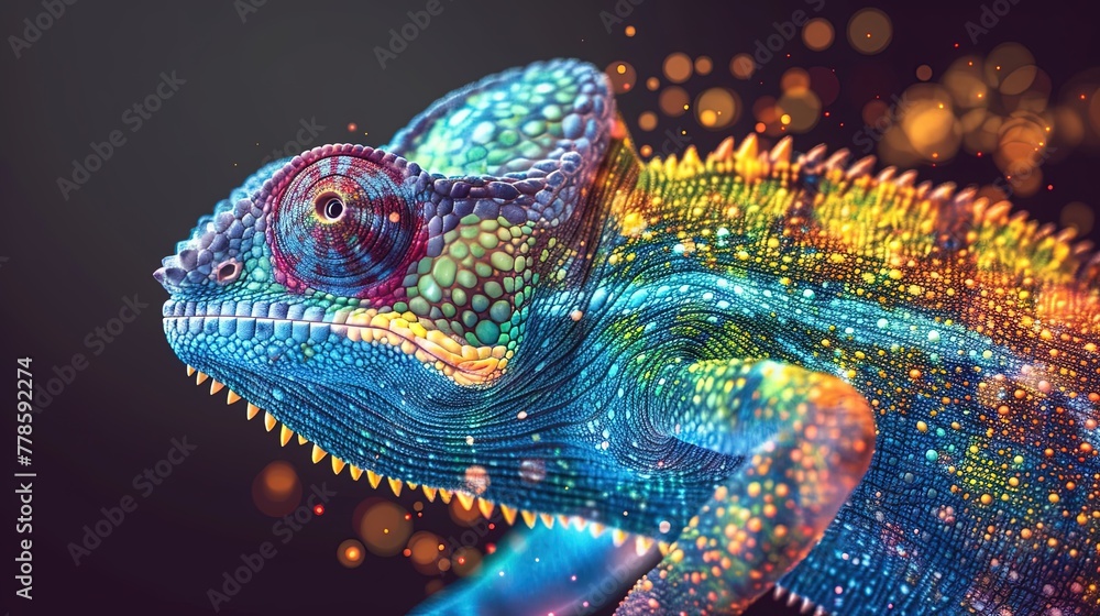 Wall mural digital chameleon in neon colors. big data visualization. information aesthetic design. animal learn