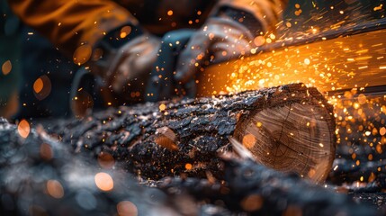A man in a yellow jacket is cutting wood with an axe. The scene is set in a wooded area with a lot of debris and sparks flying around. The man is wearing a hard hat and safety goggles - Powered by Adobe