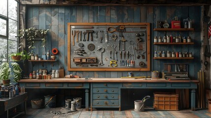 A cluttered workshop with a large board on the wall that says "tools"
