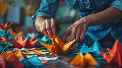 A person is folding paper butterflies on a blue background. The butterflies are of different colors and sizes, and the person is holding one of them in their hand. Concept of creativity and artistry - Powered by Adobe