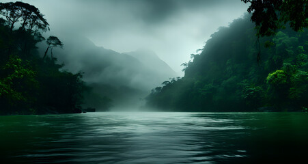 a river with low cloud covers and a forested area
